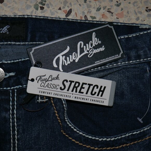 True Luck Slim Fit Jeans Dark Wash Denim Men's Size 34x30 Thick Stitch BKE NWT - Picture 7 of 8